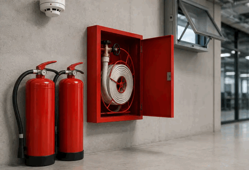 Feuerlöscher, Rauchmelder, Wandhydranten und Rauchabzugsanlagen