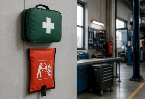 Erste-Hilfe-Ausrüstung und Löschdecken für Betriebe