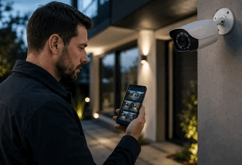 Moderne Kameraüberwachung mit hochauflösenden Kameras und App-Zugriff