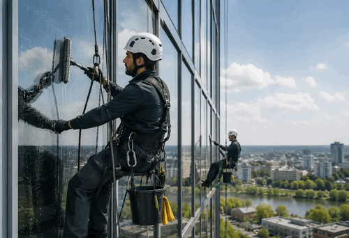 Glas- und Fassadenreinigung mit Hebe- oder Abseiltechnik
